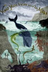 Frontispiece til Jules Vernes roman 20 000 ligaer under havet (1870), gravering, fargelagt dokument