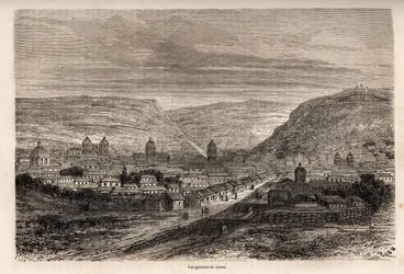 Generell oversikt over Cusco eller Cusco, tidligere hovedstad i Inkaene, tegning av Riou, for å illustrere Paul Marcoys reise gjennom Sør-Amerika fra 1848 til 1860. Gravering i "" Le tour du monde"", redigert av Edouard Charton