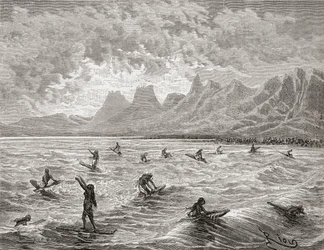 Hawaiianere som surfer, illustrasjon fra 