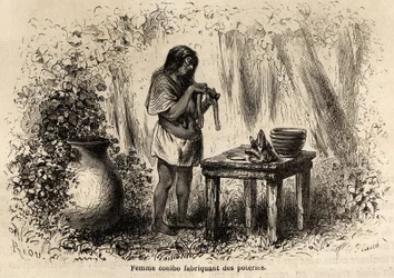 Produksjon av keramikk av en Conibo-indianer fra Peru, tegning av Riou for å illustrere reisen, fra 1848 til 1860, til P. Marcoy, fra Stillehavet til Atlanterhavet. Gravering i "" Le tour du monde"", redigert av Edouard Charton