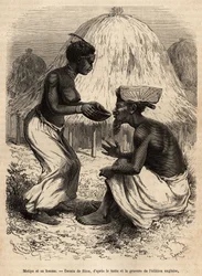 Matipa, en urfolk som ga kanoer til Livingstones team, ble servert drikking av sin kone, gravert etter en tegning av Riou, som illustrerer David Livingstones siste dagbok (1813-1873), i 1866-1873, publisert i "" Le tour du monde ”” 1875, redigert