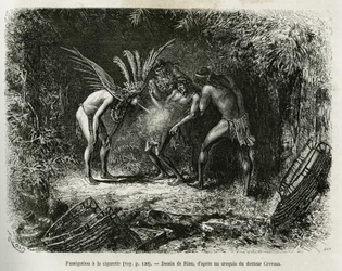 Medisinsk desinfisering med sigaretter i Roucouyan-indianerne. Gravering av Riou, for å illustrere historien om Cayenne aux Andes, av Jules Crevaux, lege for den franske marinen, i 1878-1879, publisert i Tour du monde, under ledelse av Edouard Charton