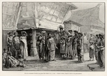 Spiller ørepynt til Batak-jenter, etnisk gruppe i Nord-Sumatra. Gravering av Riou for å illustrere historien "et år i Malaysia", av Jules Claine (1856-1939)