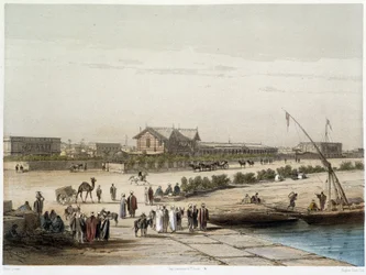 Scene og utsikt over kanalen i "" Innvielse av Suez-kanalen av G. Nicole. 1869