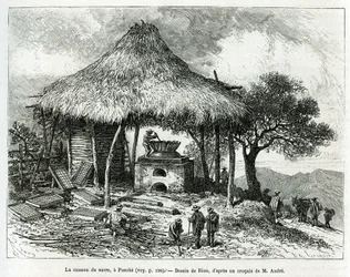 The Sugar Baking Oven, i Panche (Colombia), tegning av Riou, for å illustrere historien om Equinoxiale America (Colombia, Ecuador, Peru), i 1875-1876, av Ed. andre, reiseoppdrag fra den franske regjeringen. Gravering i Le tour du monde