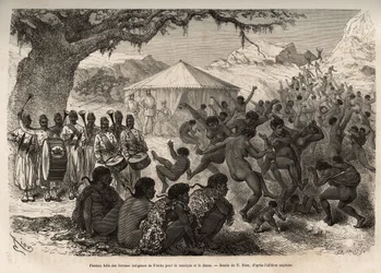 Ekspedisjonens band tiltrekker kvinner og barn i landsbyen Fatiko (Den sentralafrikanske republikk) og provoserer et lidenskapelig tap av dans, gravert etter en tegning av E.Riou som illustrerer en ekspedisjon i Sentral-Afrika, for undertrykkelse av