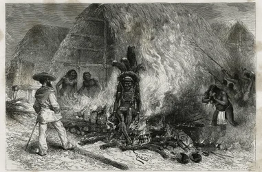Kremeringen av en Roucouyenne (eller wayana), stamme som bor langs elvene Mana og Maroni, vendt mot Bucher, Dr. Crevaux, gravering av Riou, for å illustrere utforskningsreisen i det indre av Guyana av Dr. Jules Crevaux, lege ved den franske marinen,