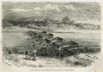 Fiskeindustrien ved elven Eboga, som fanger fisken, fører gjennom strykene gjennom sine bambusleire, tegnet av Riou, for å illustrere historien om en tur til Gabon og elven Ogoue, i 1875-1877, av Alfred Marche. Gravering i Le tour du monde