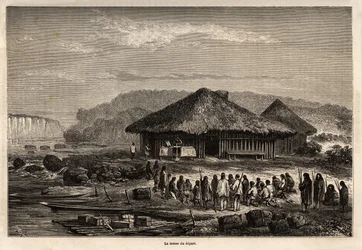 Massen for avreise i Echarati (Peru), deltatt av de konverterte innfødte, tegning av Riou, som illustrerer Paul Marcoys reise fra Stillehavet til Atlanterhavet fra 1848 til 1860. Gravering i "" Le tour du monde"", redigert av Edouard Chart