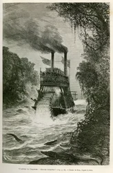 Passasjen av Angostura (Colombia), av dampbåten til ekspedisjonen, tegning av E.Riou, for å illustrere reisen til jevndøgn Amerika (Colombia, Ecuador, Peru), i 1875-1876, av Edouard Andre (1833-1894) , reisende belastet med et oppdrag av Fr