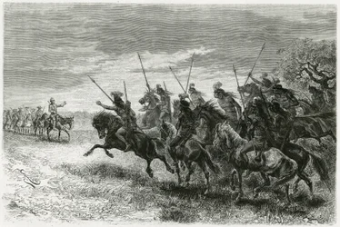 Tobas-indianere (fra Chaco-regionen, mellom Paraguay og Bolivia) nekter å gå over til kolonnen til Thouar-ekspedisjonen. Gravering av Riou, for å illustrere historien "" På leting etter restene av Crevaux-oppdraget", i 1884, av A.Thouar (1853- disapp)