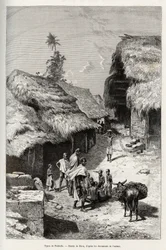 Typer Pakhala (Elfenbenskysten). Gravering av Riou, for å illustrere historien "" Fra Niger til Guineebukta"" av kaptein Louis Gustave Binger (1856-1936), i 1887-1889, i Le tour du monde, nouveau journal des voyages, under ledelse av Edouard Cha