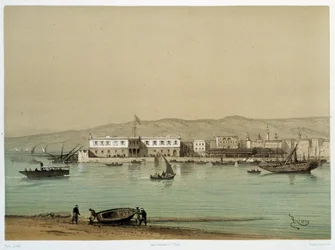 Utsikt over kanalen i "" Innvielse av Canal de suez av G. Nicole. 1869