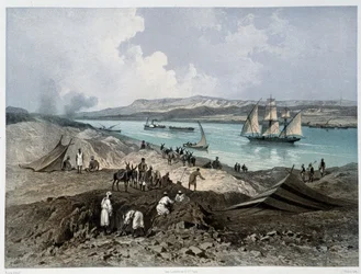 Utsikt over kanalen i "" Innvielse av Suez-kanalen av G. Nicole. 1869