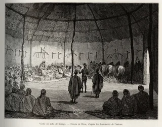 Besøk til Naba i Karaga (Ghana). Gravering av Riou, for å illustrere historien "" Fra Niger til Guineebukta"" av kaptein Louis Gustave Binger (1856-1936), i 1887-1889, i Le tour du monde, nouveau journal des voyages, under ledelse av Edouar
