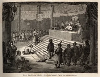 En kinesisk domstol, den siktede dukker opp ved retten omgitt av en gendarme som holder ham lenket og slakteren hans, tegning av Vaumort (? -1886), for å illustrere reisen fra Shanghai til Moskva, fra 1859 til 1862, til M. de Bourboulon. , fransk minister 