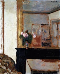 Vase med blomster på en mantel / 1900