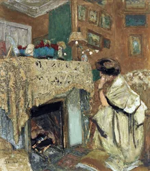 Madame Hessel (Lucy Hessell) ved peisen - Maleri av Vuillard, Edouard (1868-1940)