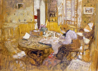 Madame Vuillard leser i spisesalen, rue Truffaut; Leser Madame Vuillard i rommet? Eating, rue Truffant, 1903