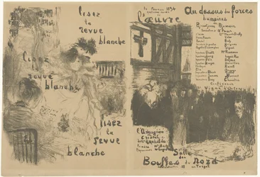 Omslagsprogramhefte med annonse for La Revue Blanche og kunngjøring av stykket Au-dessus des forces humaines Lisez la revue blanche Au-dessus des forces humaines
