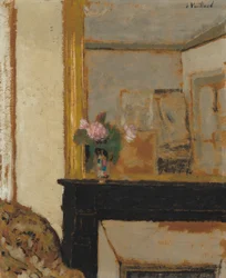 Vase med blomster på en kappe, ca. 1900.