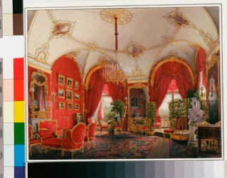 Interiør i Vinterpalasset (Palais d'hiver a Saint Petersbourg): Den fjerde reserverte leiligheten - Hjørnerommet - Akvarell på papir av Eduard (Edouard) Hau (1807-1887) - Midten av 1800-tallet - Dim 27,2x35 cm - State Eremitage, St Petersburg