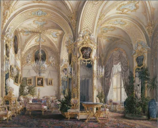 Interiører i Vinterpalasset. Salongen i rokokkostil med amoriner, 1860-årene