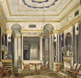 Salongen til keiserinne Maria Alexandrovna i det store palasset i Tsarskoye Selo (wc, gouache og blekk på papir)