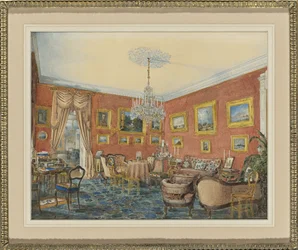 Utsikt over kunstnernes salong i byhuset hans ved Neva i St. Petersburg, 1859