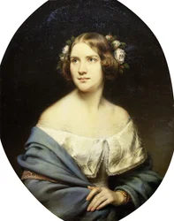Portrett av Jenny Lind, stående halvlengs i en hvit kjole og et lyseblått sjal,