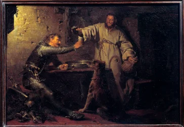 Middelaldrende kriger som skåler med en eremitt på en taverna. Maleri av Eduard von Grützner (1846-1925), 1878. Mål 0,44 x 0,63 m. Paris, Musée d