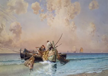 Tilbake fra fiske, av Eduardo Dalbono (1841-1915), olje på lerret, 53x73 cm