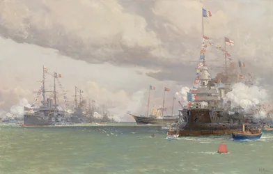 L"Entente Cordiale: The Royal Yacht Victoria & Albert III gjennomgår den anglo-franske flåten i Cowes Road, 1905