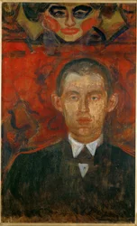 Edvard Munch, selvportrett med kvinnemaske (olje på tre)