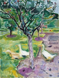 Gjess i en frukthage, ca. 1911