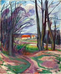 Landskap på Skoyen (Oslo, Norge). Maleri av Edvard Munch (1863-1944), olje på lerret, rundt 1920. Norsk kunst, 1900-tallet, ekspresjonisme. Privat samling.