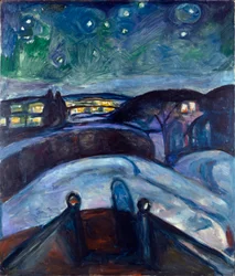 Stjernenatt. Nattlandskap i Nord-Europa. Maleri av Edvard Munch (1863-1944), 1923-1924. Sol. 139x119 cm, Oslo, Kommunes Kunstsamlinger, Munch-Museet (Musée Munch)
