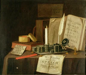 En Trompe L"Oeil med et tinnblekkstativ, bøker og papirer, 1702