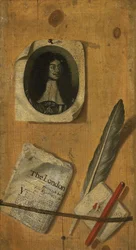 Et trompe-l"oeil brevstativ, med gravering av kong Charles II, en avis, en fjærpenn, en penn og en pennekniv