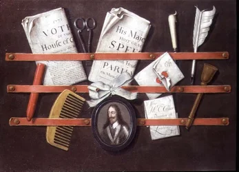 Brevstativ med dokumenter og miniatyr av Charles I