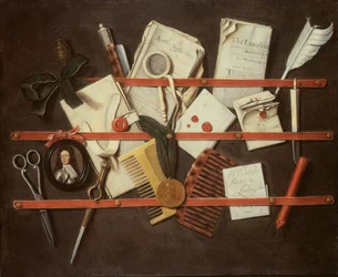 Trompe loeil brevstativ med et miniatyrportrett av en ung mann i rustning, 1697 (panel)