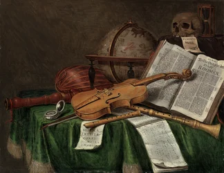 Vanitasstilleben med en astrologisk globus, en fiolin, en hodeskalle, et timeglass, en åpen bok, et noteblad, et ur, en lutt og andre musikkinstrumenter på et drapert bord, 1680-årene
