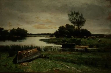 Innsjø med robåter (olje på lerret)