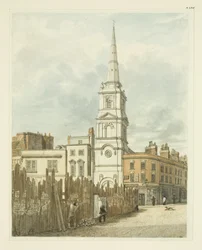 Christ Church fra Exchange med stedet ryddet fra bygningen til New Council House (blyant og akvarell på papir)