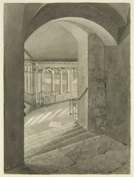 Inngang til Cloisters fra Bristol Cathedral med Edward Birds grav (blyant og akvarell på papir)