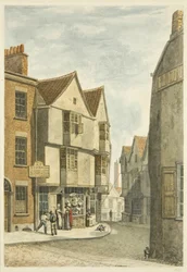 Ser fra Peter Street inn i Bear Lane, mot Castle Green (blyant og akvarell på papir)