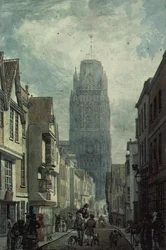 Redcliffe Street, Bristol, som viser Tower of the Church of St.Mary Redcliffe