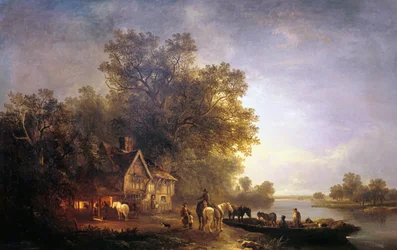 Elvelandskap med rustikk og hester, c1860