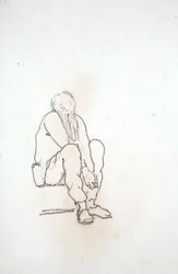 Selvportrett av kunstneren, sittende, med hendene mellom knærne, fra et album med tegninger (blyant på papir)