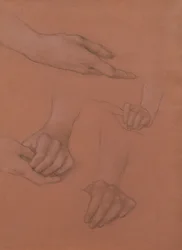 Studies of Hands for the Portrait of Mary Gaskell (svart-hvitt kritt på papir)